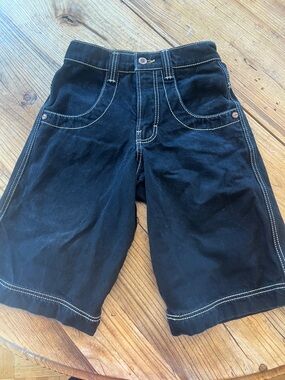 JNCO Twin Cannon Black Jean Shorts with White Contrast Stitching